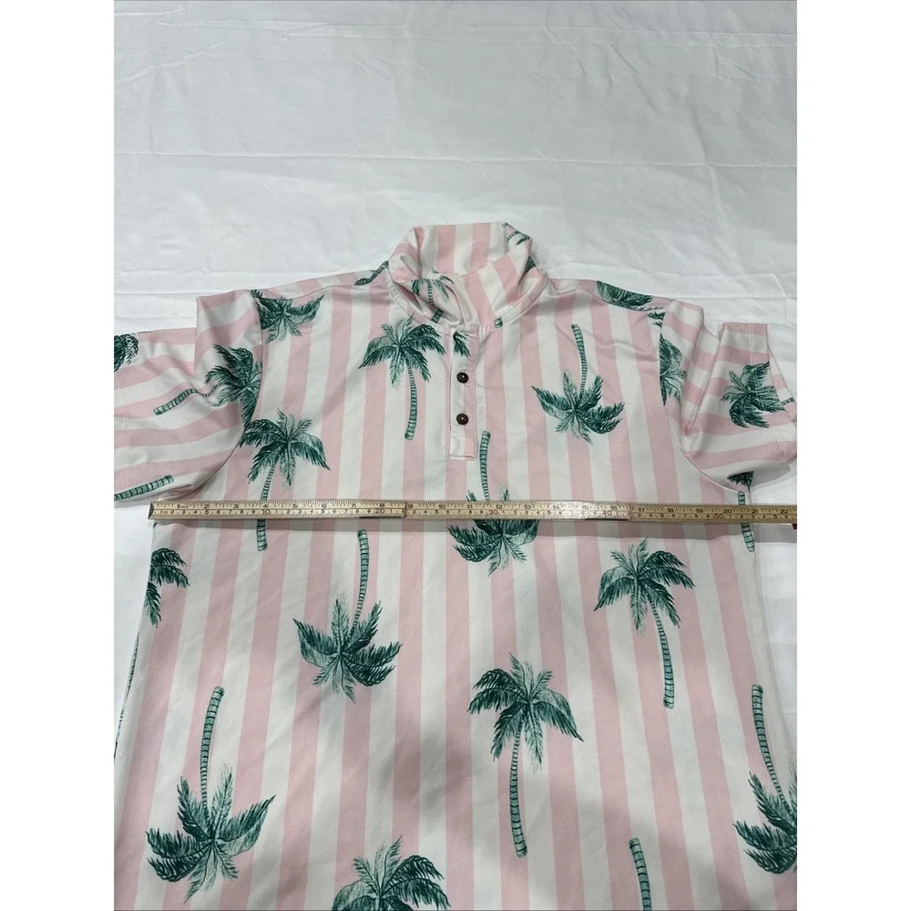 Kenny Flowers Polo Shirt Mens Sz M Pink White Palm Tree Stripe Stretch Portugal